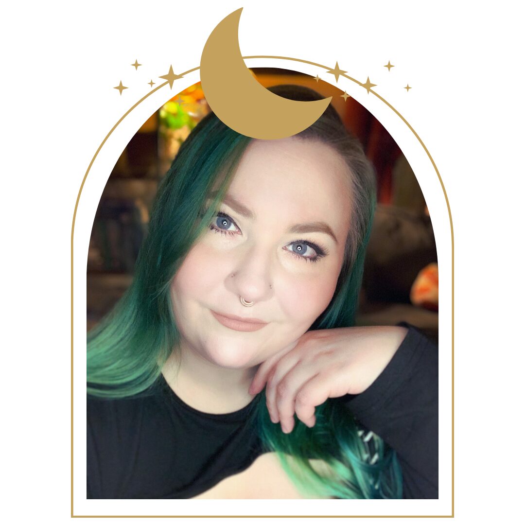 A photo of the author behind the above pen names with a gold border with a moon and stars